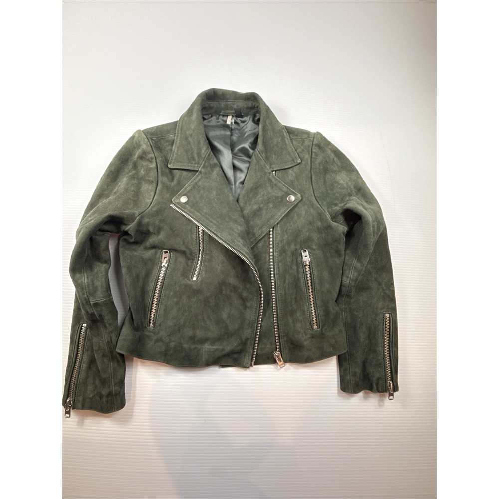 Topshop Suede Leather Moto Jacket Dark Green Women's Size 8